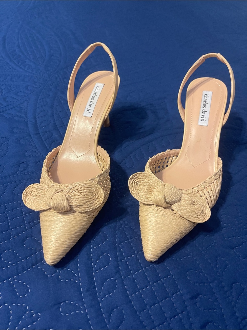 Charles David Natural Raffia Bow Pointed-Toe Slingback Heels